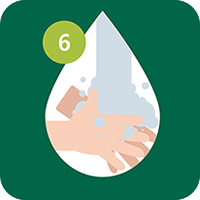 Eine Illustration, die Schritt 6 des Händewaschens zeigt: Eine Hand reibt die Fingerspitzen in der kreisenden Bewegung auf der anderen Handfläche unter fließendem Wasser, dargestellt in einem Wassertropfen mit einer grünen Nummer Sechs auf dunkelgrünem Hintergrund.