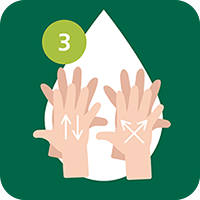 Eine Illustration, die Schritt 3 des Händewaschens zeigt: Pfeile verdeutlicht das Reinigen der Zwischenräume durch das Ineinandergreifen der Finger, dargestellt in einem Wassertropfen mit einer grünen Nummer Drei auf dunkelgrünem Hintergrund.